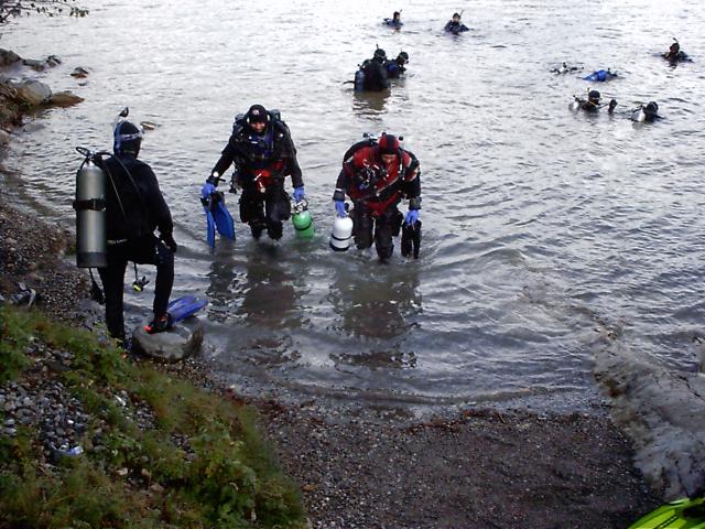 Local divers exiting Minnewanka after a dive